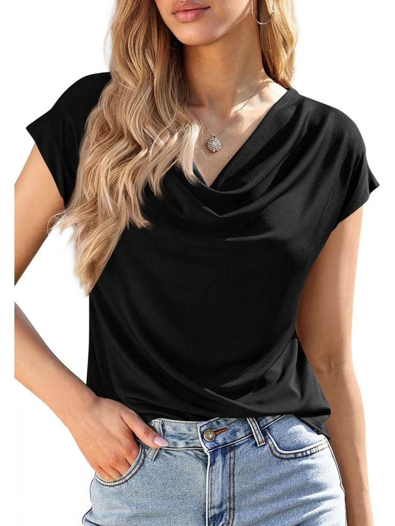 Women's Dressy Casual Black Summer Cowl Neck Short Sleeve Tops Spring Shirts